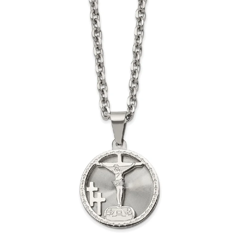 Luxury Necklace for Special Occasions-Stainless Steel 26mm Round Laser Cut Crucifix Necklace, 24 Inch