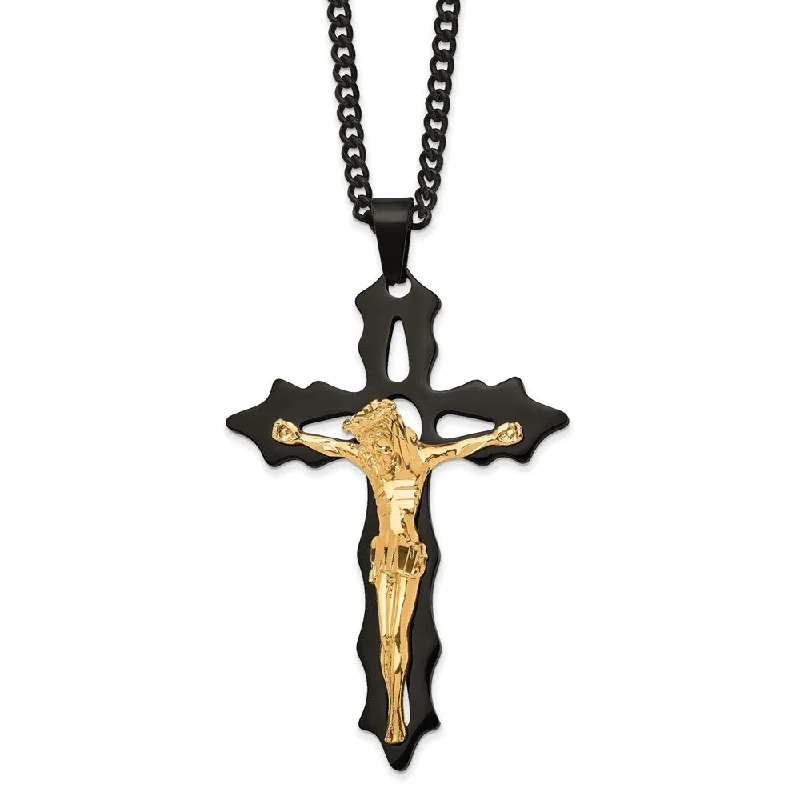 Customizable Charm Necklace-Stainless Steel Black & Gold Tone Plated XL Crucifix Necklace, 24 Inch