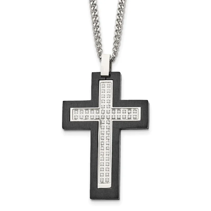 Silver Necklace for Weddings-Men's Stainless Steel, Black Plated & CZ Cross Necklace, 24 Inch