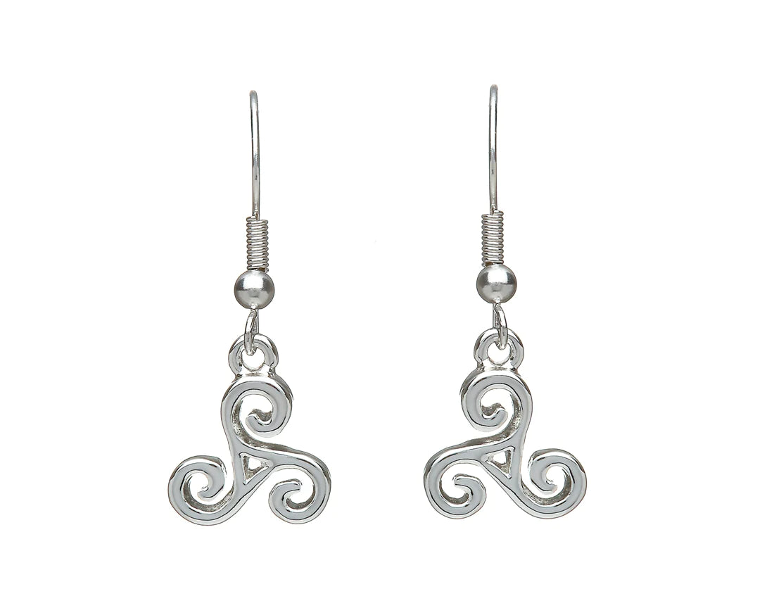 Vintage Style Earrings-Celtic Triple Spiral Silver Plate Drop Earrings by Woods Celtic Jewellery