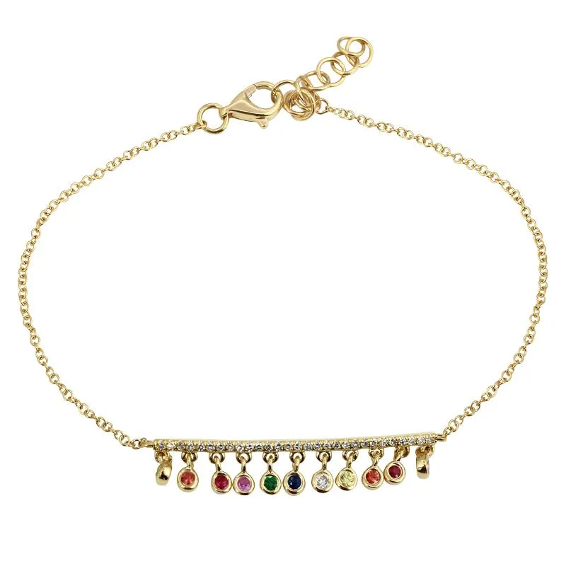 Luxury Pearl Bracelet for Weddings-14K Yellow Gold Dangling Multi-Sapphire Rainbow Bracelet