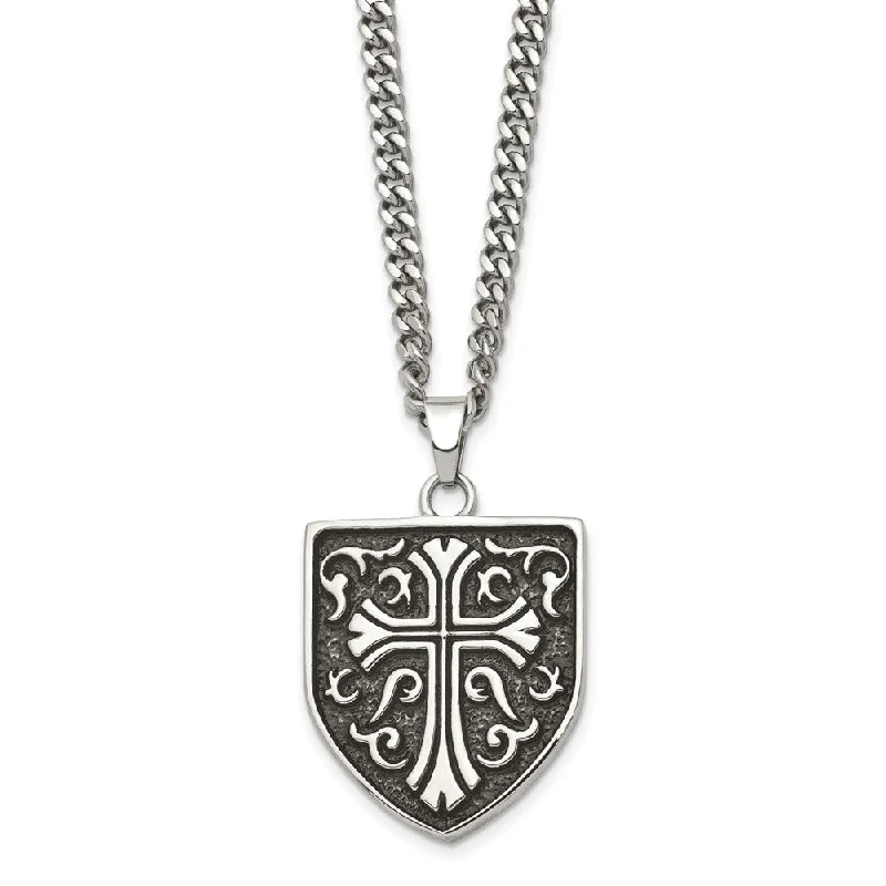 Modern Gold Necklace for Women-Men's Stainless Steel Antiqued Medieval Cross Shield Necklace, 24 Inch