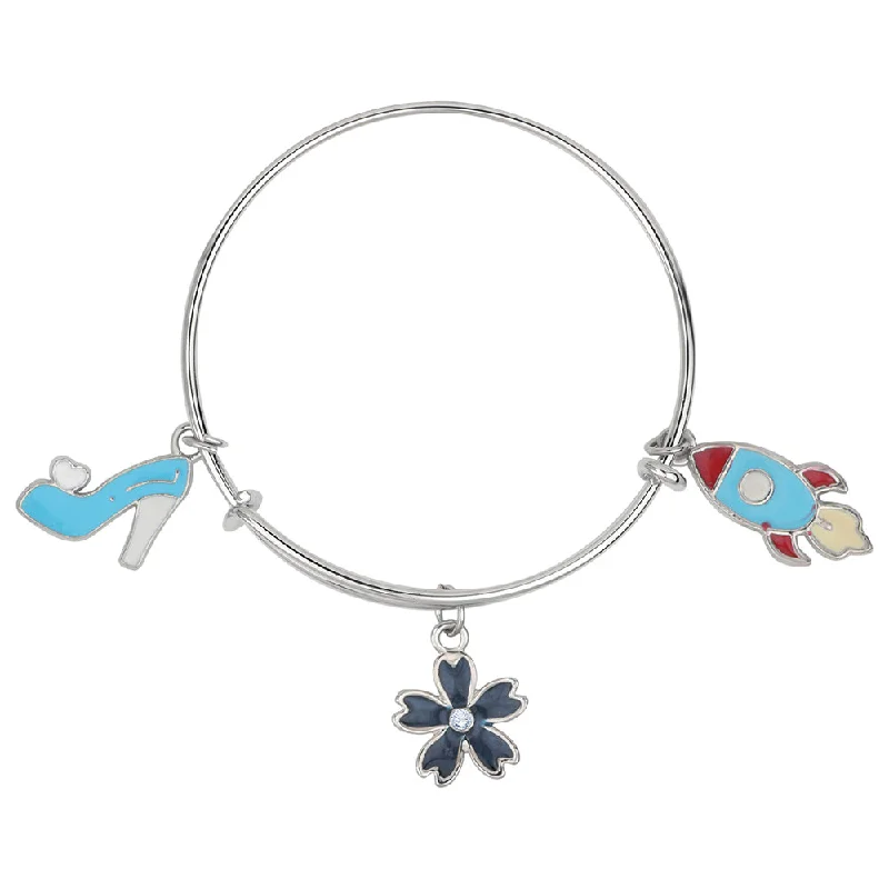 Trendy Bangles for Young Women-Mahi Sandal, Rocket & Floral Shaped Rhodium Plated Enamel Work Charms Bracelet for Kids (BRK1100885R)