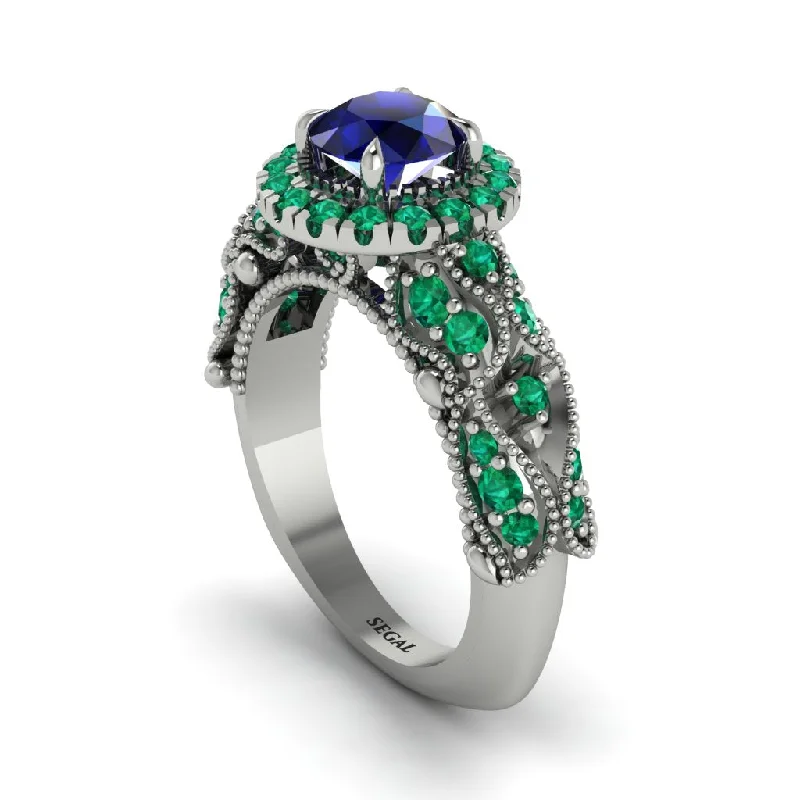 Stylish Wedding Ring Set for Couples-Exclusive Halo Sapphire Milgrain Engagement Ring - Kendra No. 30