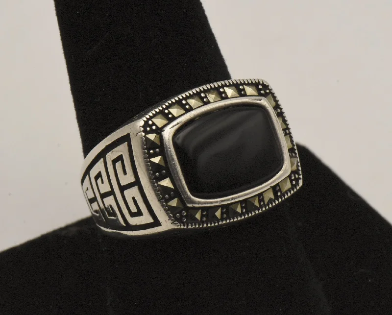 Designer Wedding Band for Men-Vintage Sterling Silver Black Onyx and Marcasite Ring - Size 9.25