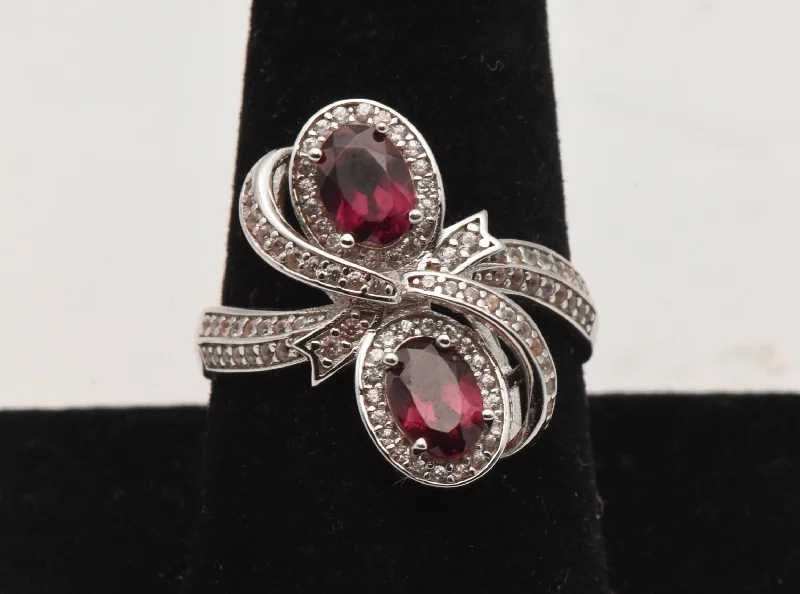 Chunky Gemstone Ring for Bold Style-Vintage Sterling Silver Red Garnet and Topaz Ring - Size 9