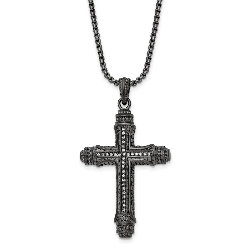 Birthstone Necklace for Family-Gunmetal Plated Stainless Steel CZ Large Pillar Cross Necklace, 24 In