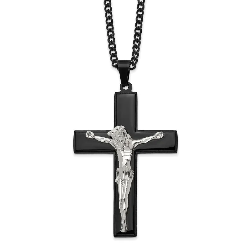 Sapphire Necklace for Special Events-Stainless Steel Polished & Black Plated LG Crucifix Necklace, 24 Inch