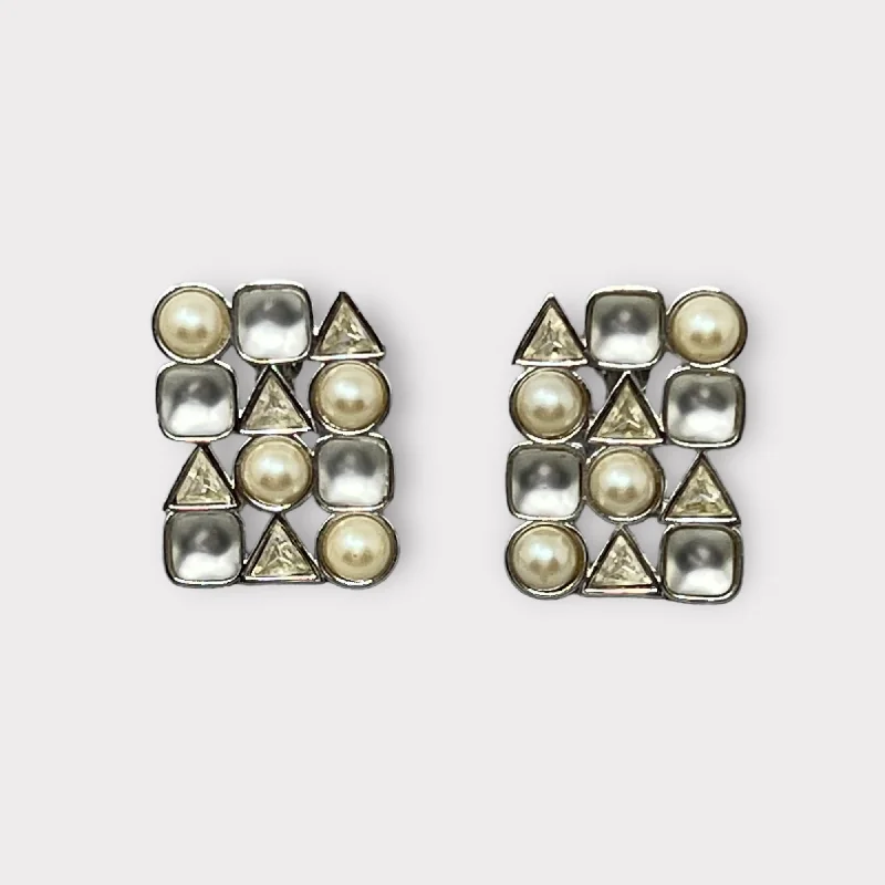 Fun Earrings for Day to Day Wear-YSL Geometric Pearl and Rhinestone Earrings