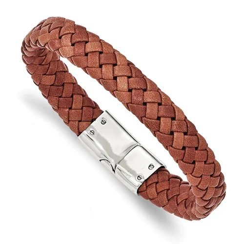 Classic Leather Bracelet for Everyday Wear-Stainless Steel Polished Woven Brown Leather Bracelet