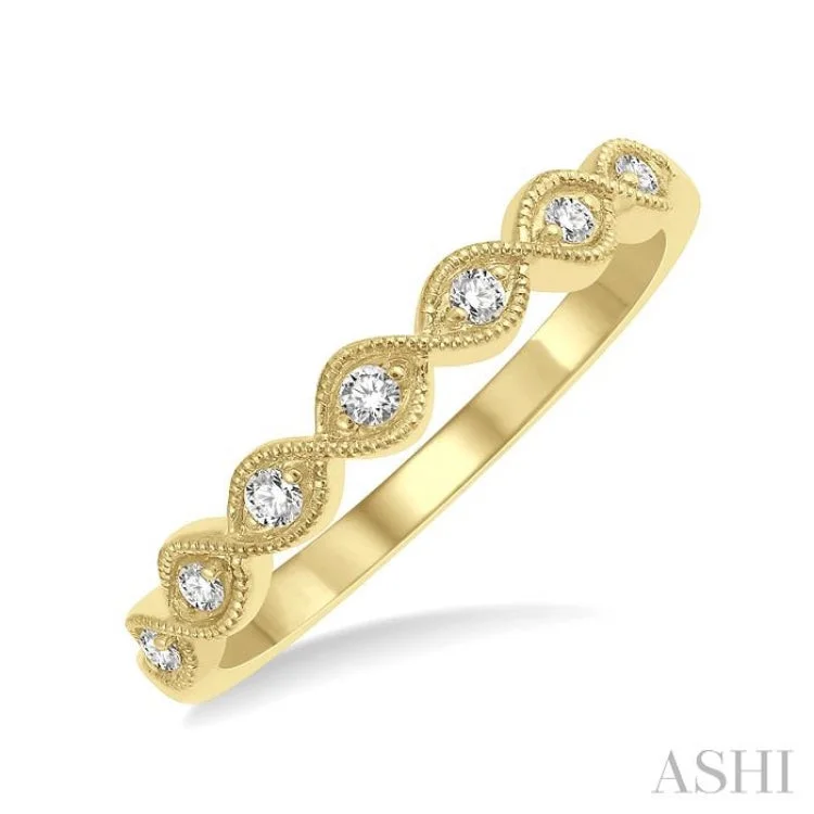 Wedding Ring Set with Diamonds-1/10 Ctw Milgrain Marquise Lattice Round Cut Diamond Stack Band in 14K Yellow Gold