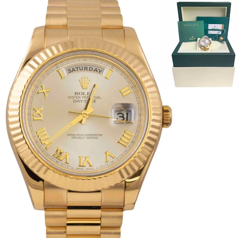 Luxury Watches for Men with Leather Bands-2017 Rolex Day-Date II 18k Yellow Gold Silver Dial 41mm Watch 218238 BOX PAPERS