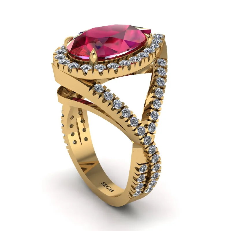 Fashionable Statement Ring for Women-Infinity Style Shank Halo Pear Ruby Engagement Ring - Janelle No. 10