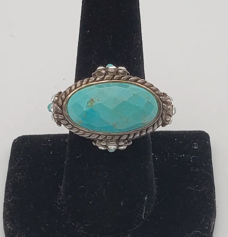 Chunky Gemstone Ring for Statement-Barse - Faceted Turquoise LARGE Starting Silver Ring - size 7.75