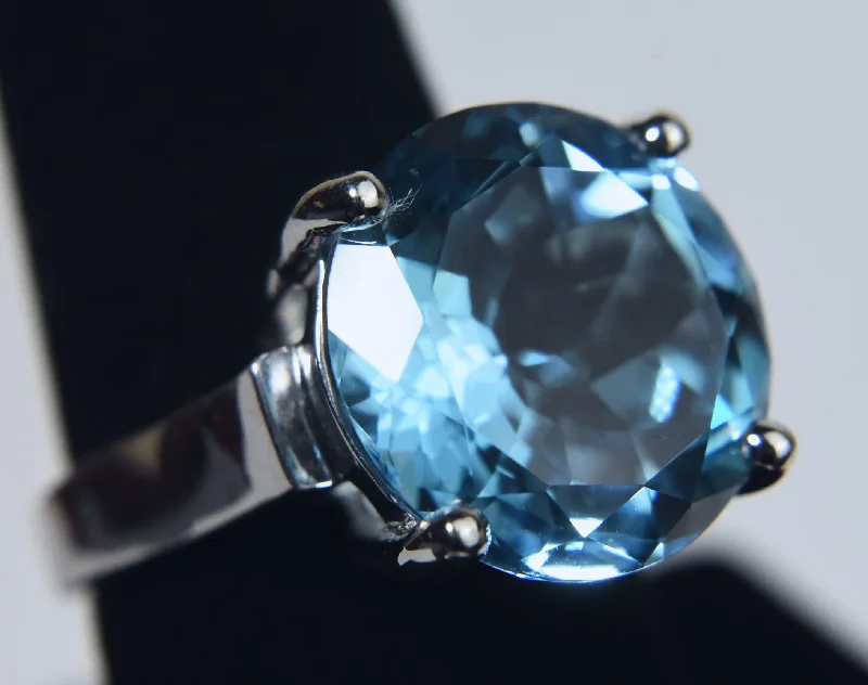 Luxury Gemstone Ring for Women-Large Round Brilliant Cut Blue Topaz Sterling Silver Ring - Size 8