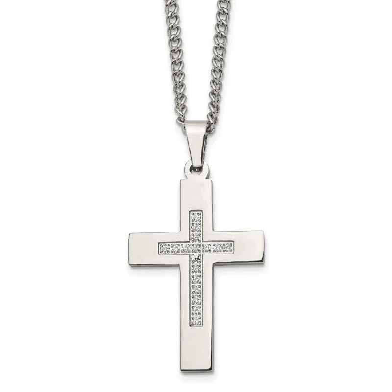 Beautiful Gold Necklace for Special Events-Men's Stainless Steel & CZ Polished Latin Cross Necklace, 24 Inch