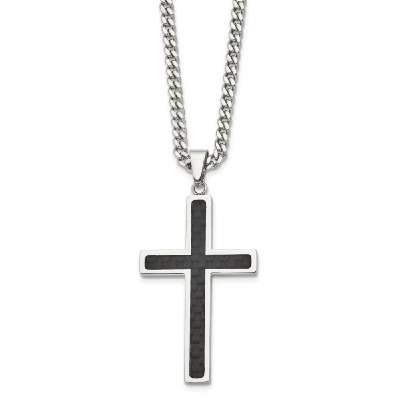 Artistic Gemstone Necklace-Men's Stainless Steel & Blk Carbon Fiber Large Cross Necklace, 24 Inch