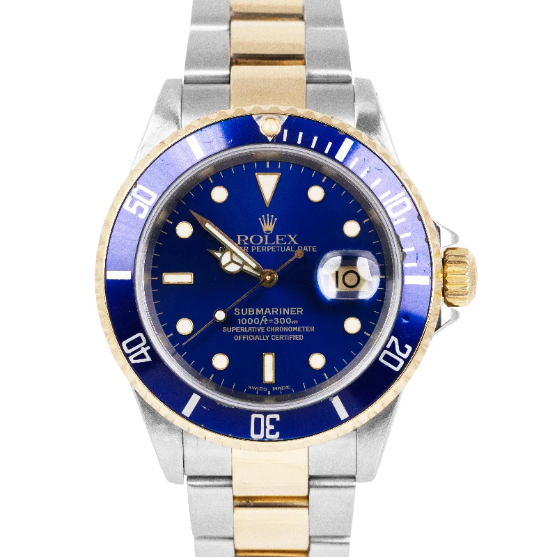 Men's Watches with Silver Mesh Strap for Sleek Style-Rolex Submariner Date 40mm Blue Two-Tone 18K Yellow Gold Steel 16613 Watch BOX