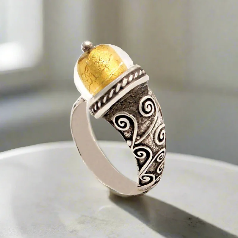 Customizable Gold Ring for Men-Spiral Ring in sterling silver with glass gold foil stone (DT-03)