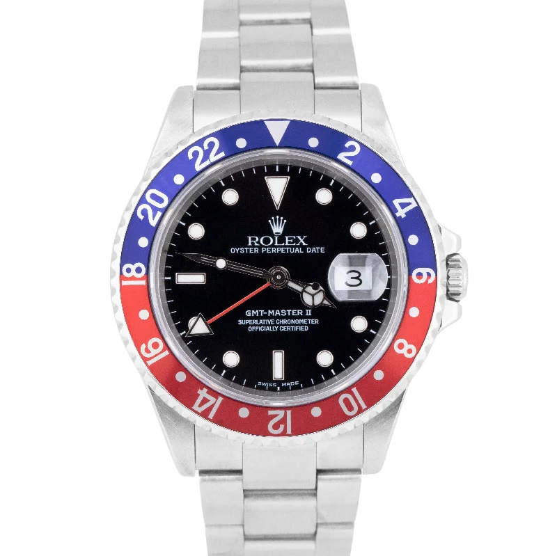 Personalized Watches with Custom Engraving-MINT 2002 Rolex GMT-Master II Oyster SEL Blue Red PEPSI Steel Watch Date 16710