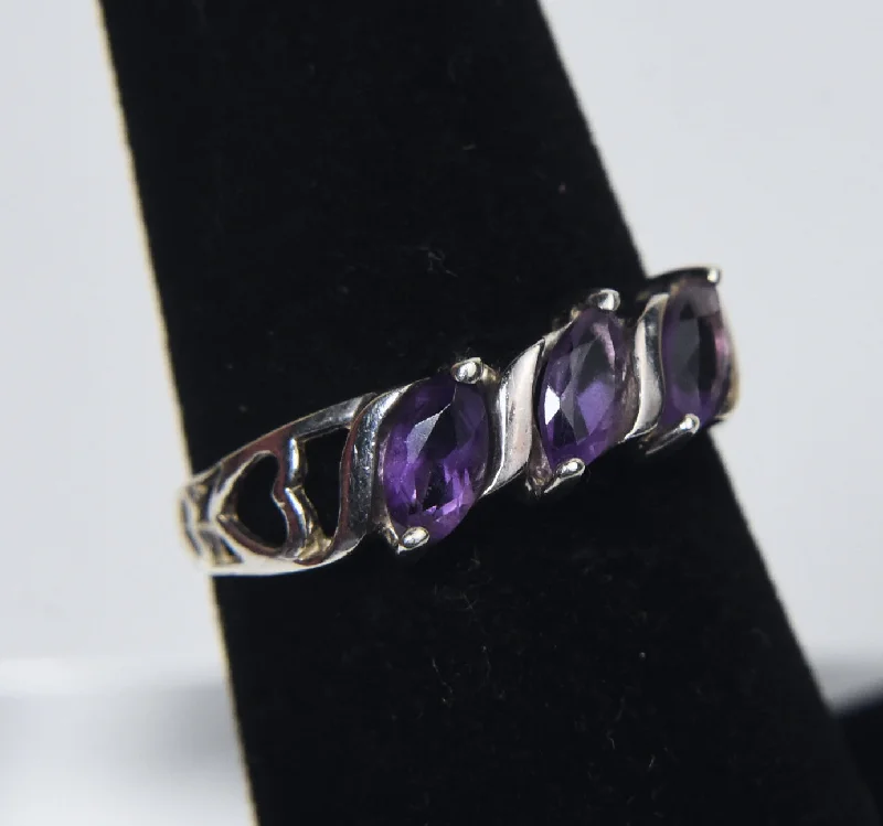 Custom Engagement Ring with Diamonds-Sterling Silver Amethyst Ring with Heart Motif - Size 5.75