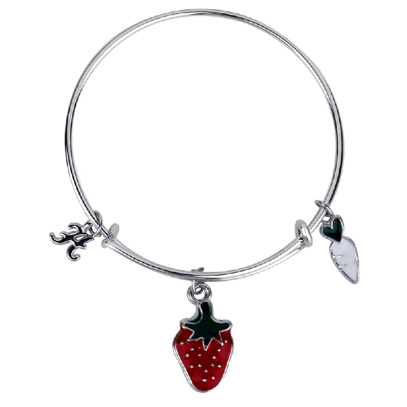 Custom Bangles with Personalized Charms-Mahi H Letter Strawberry & Radish Shaped Rhodium Plated Enamel Work Charms Kids Bracelets for Kids (BRK1100930R)