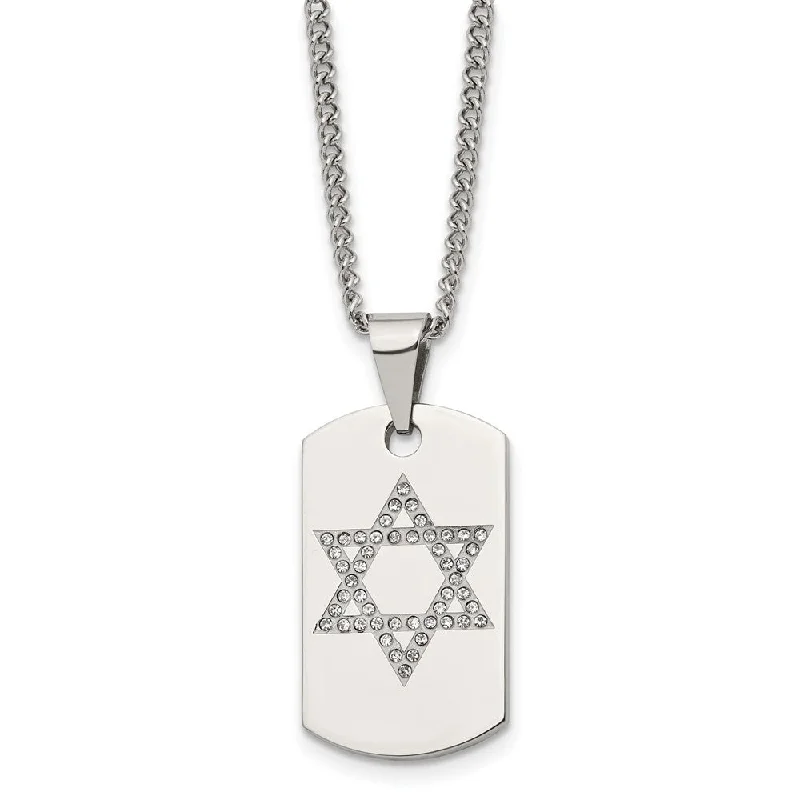 Chunky Necklace for Bold Style-Stainless Steel & CZ Small Star of David Dog Tag Necklace, 22 Inch