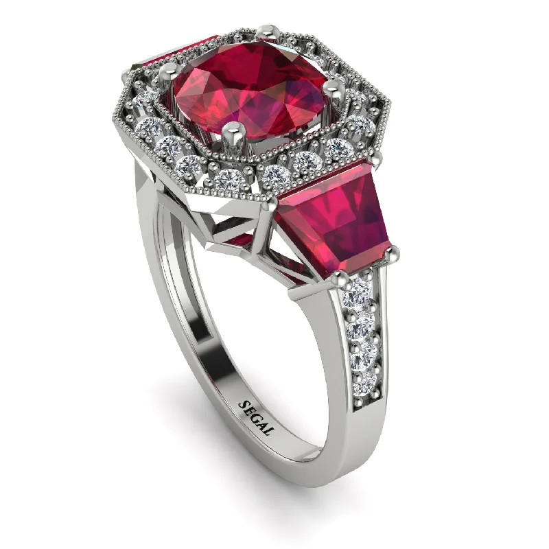 Designer Wedding Band for Women-Modern Halo Princess Cut Ruby Stone Engagement Ring - Doris No. 12