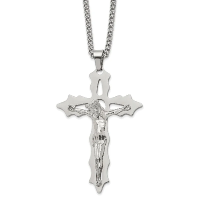 Silver Beaded Necklace for Fashion-Men's Stainless Steel Polished XL Crucifix Necklace, 24 Inch