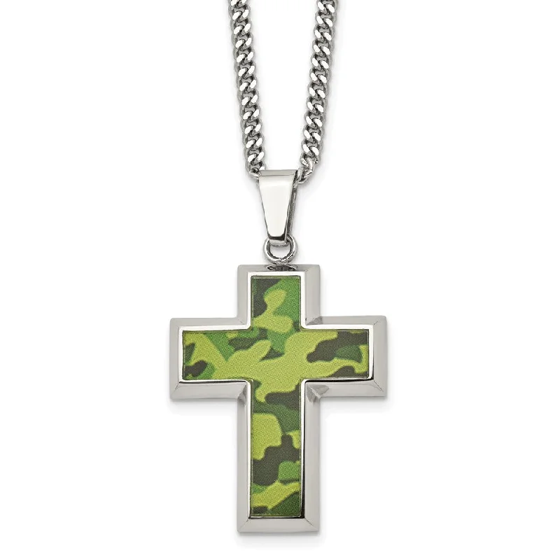 Customizable Necklace for Gifts-Men's Stainless Steel Printed Green Camo Cross Necklace, 22 inch