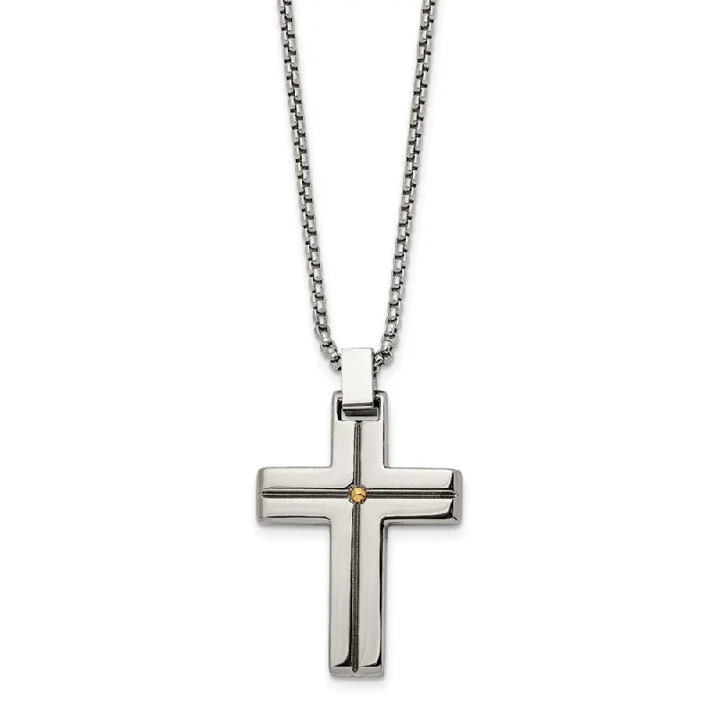 Simple Silver Necklace with Pendant-Men's Stainless Steel & Gold Tone Grooved Cross Necklace, 19.5 Inch