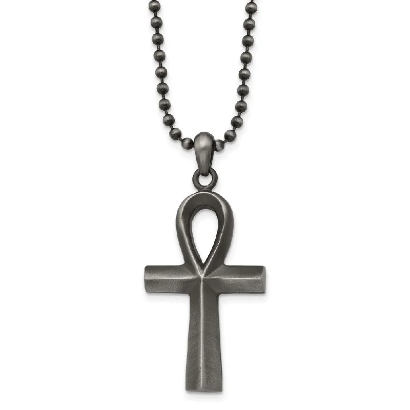 Modern Necklace for Evening Outfits-Stainless Steel Antiqued & White Bronze Plated Ankh Necklace, 22 Inch