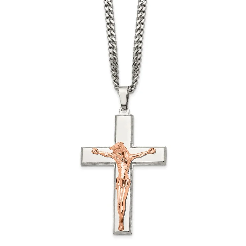 Silver Necklace with Large Pendant-Stainless Steel & Rose Tone Plated Large Crucifix Necklace, 24 Inch