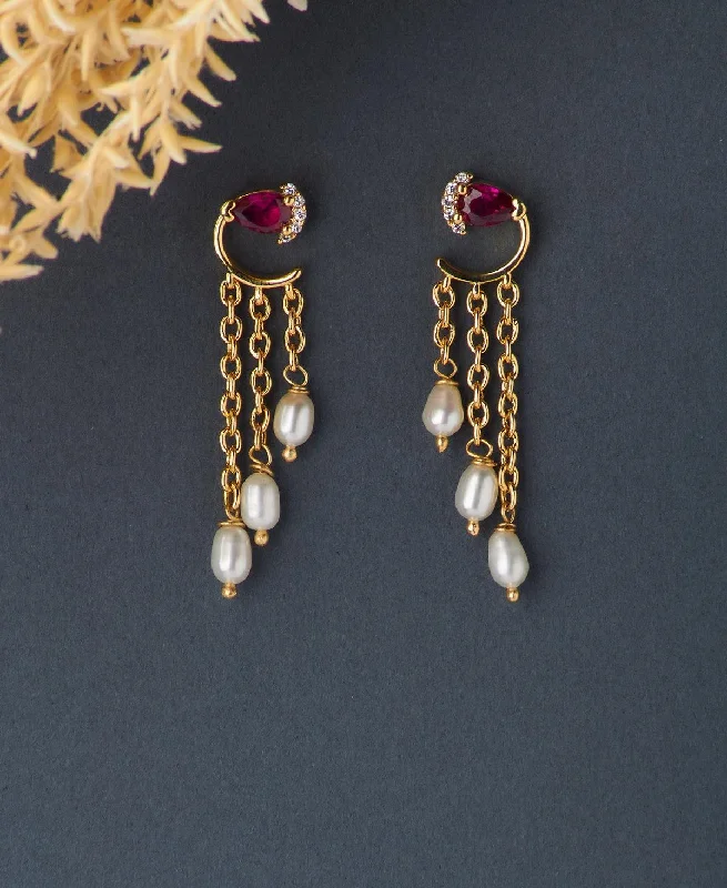 Fun Earrings for Day to Day Wear-Trendy Stone Studded Pearl Hanging Earring