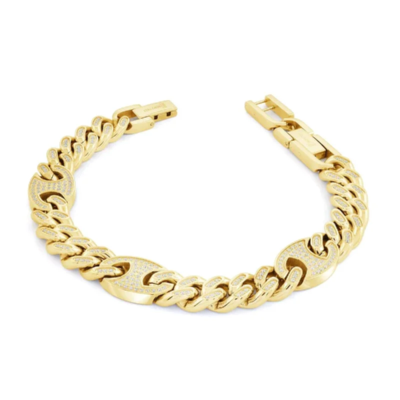 Chunky Crystal Bracelet for Bold Fashion-MEN'S GOLD PLATED STAINLESS STEEL GUCCI LINK BRACELET WITH CUBIC ZIRCONIA