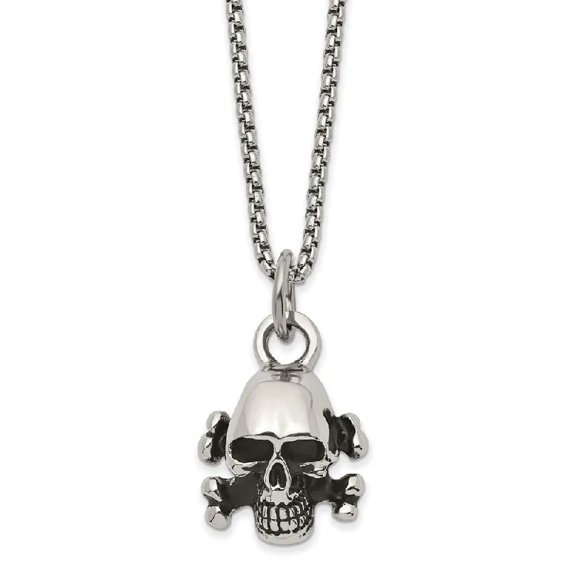 Sterling Silver Necklace for Casual Wear-Mens Stainless Steel Antiqued & Polished Small Skull Necklace, 24 Inch