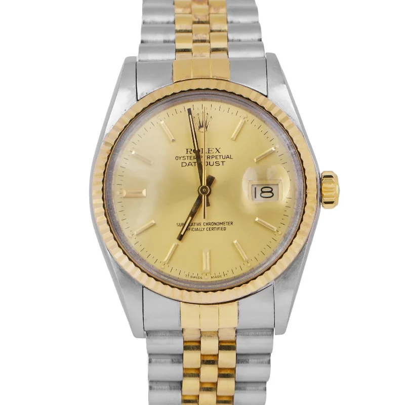 Designer Watches with Diamonds-Rolex DateJust 36mm CHAMPAGNE 18K Yellow Gold Stainless Steel JUBILEE 16013