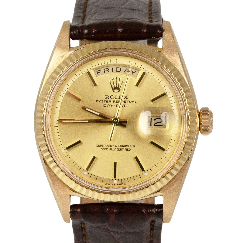 Luxury Watches with Black Leather Strap-VINTAGE 1960 Rolex Day-Date 36mm Champagne Pie Pan 18K Yellow Gold Watch 1806