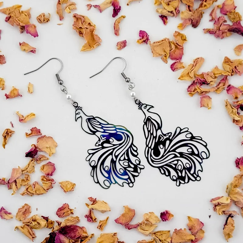 Silver Stud Earrings-Rainbow Peacock Filigree Earrings