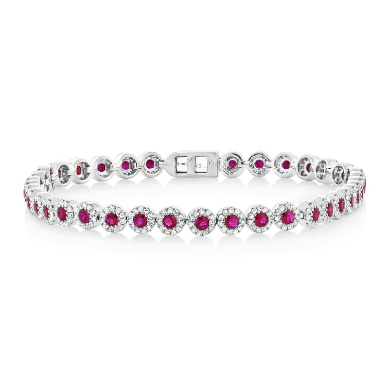 Custom Birthstone Charm Bracelet for Women-14K White Gold Ruby and Diamond Tennis Bracelet