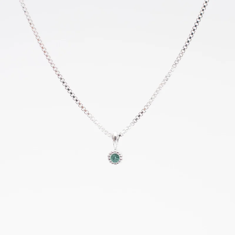 Boho Necklace for Casual Look-Silver Tiny Milgrain Edge Emerald Necklace