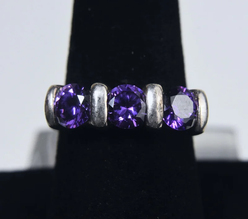 Custom Ring for Proposal-Sterling Silver Purple Cubic Zirconia Ring - Size 8.25