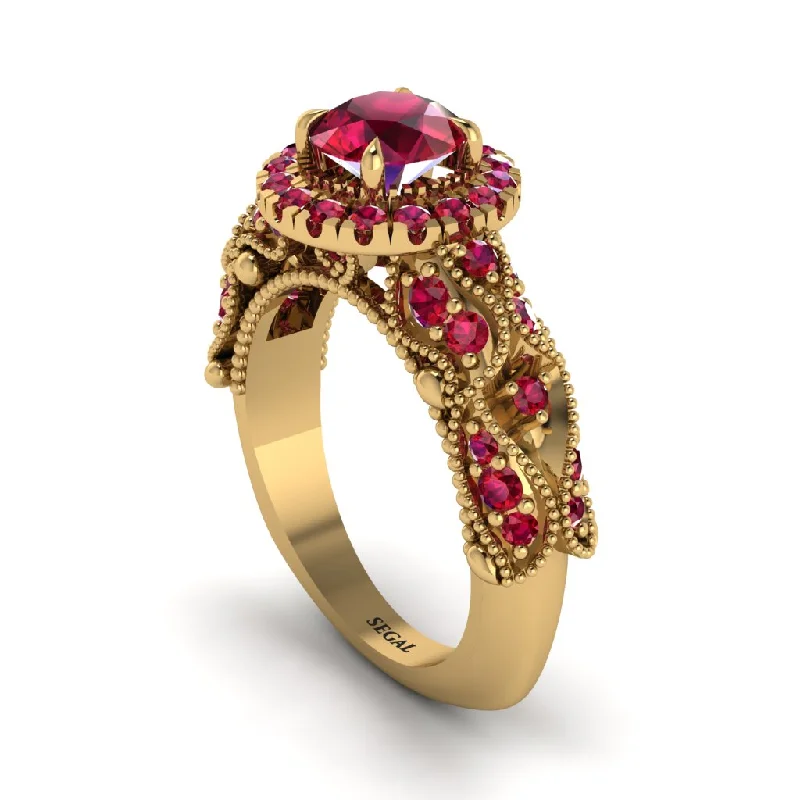 Birthstone Silver Ring for Customization-Exclusive Halo Ruby Milgrain Engagement Ring - Kendra No. 55