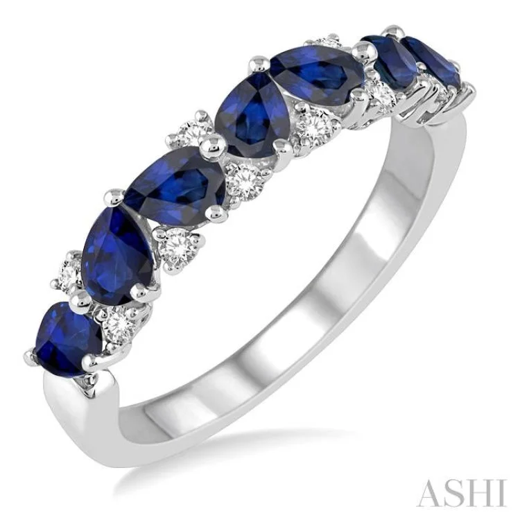 Multi-Stone Ring for Fashion Lovers-1/6 ctw Pear Shape 4X3MM Sapphire and Round Cut Diamond Precious Band in 14K White Gold