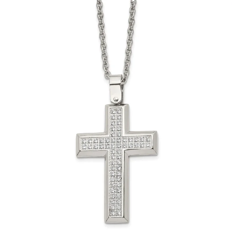 Simple Gold Chain Necklace for Women-Men's Stainless Steel & CZ Large Beveled Cross Necklace, 24 Inch