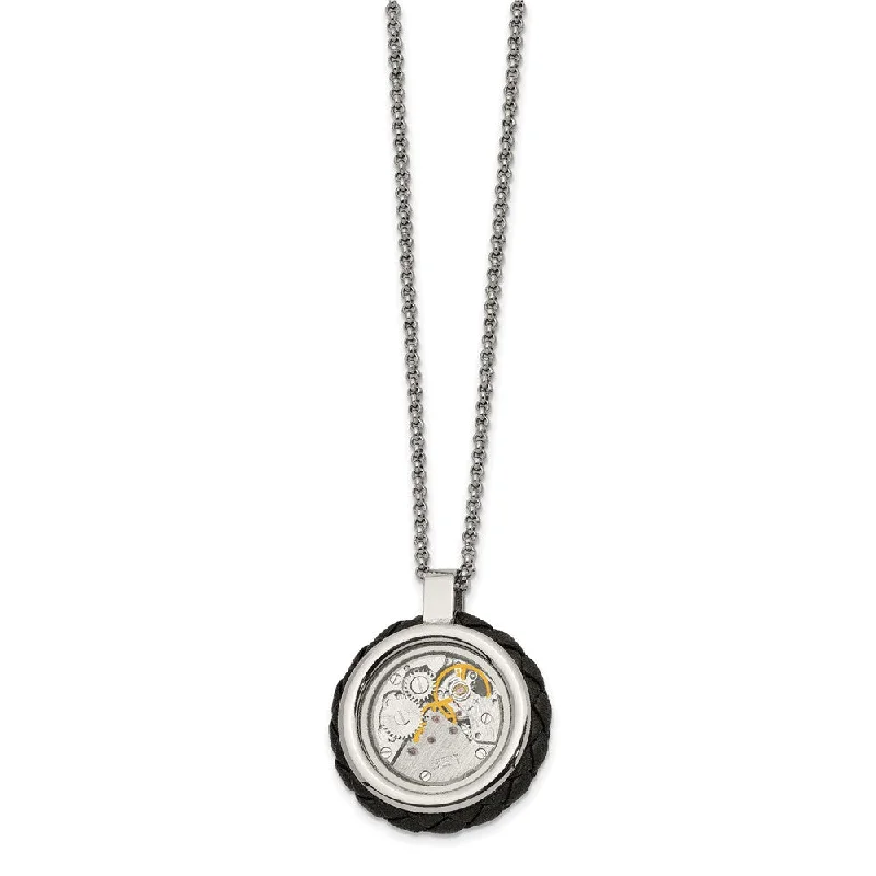 Bohemian Necklace for Hippie Style-Stainless Steel, CZ & Leather 29mm Clockwork Necklace, 22 Inch