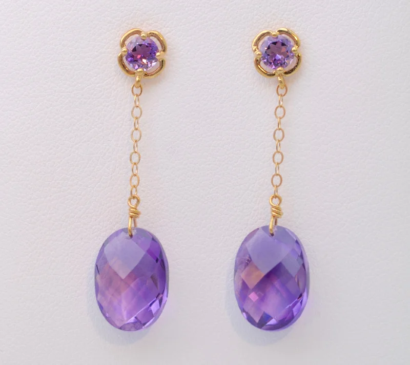 Silver Earrings for Elegant Looks-Amethyst Dangle Earrings in 14K Yellow Gold