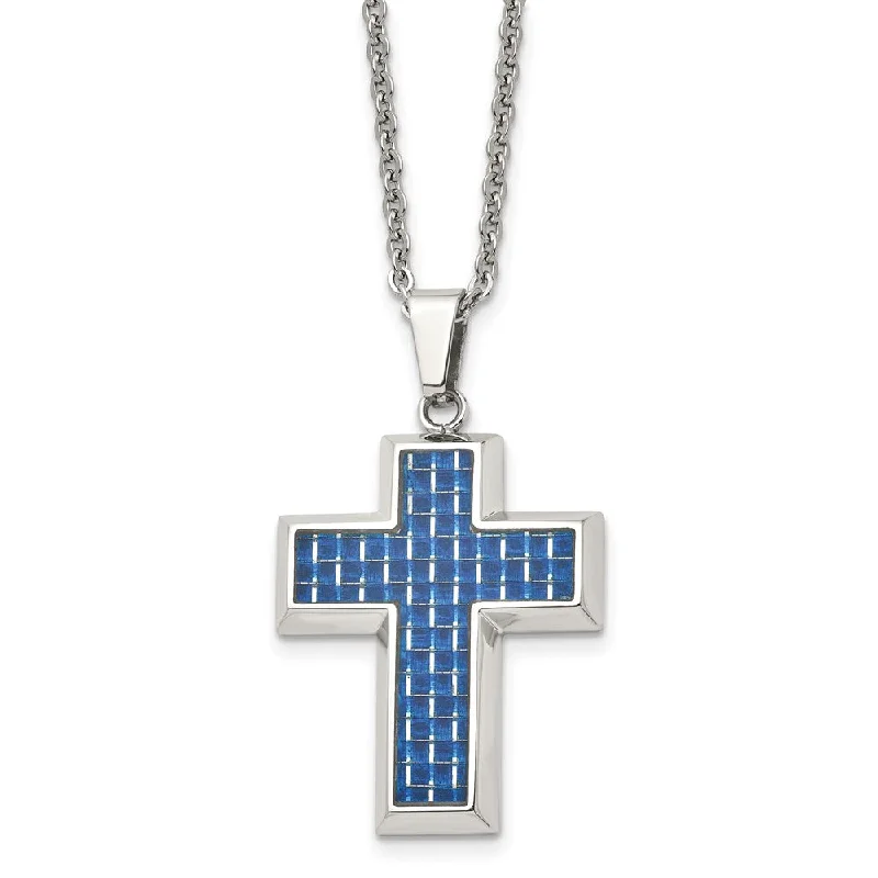 Personalized Gold Necklace for Family-Men's Stainless Steel & Blue Carbon Fiber Inlay Cross Necklace, 22 In