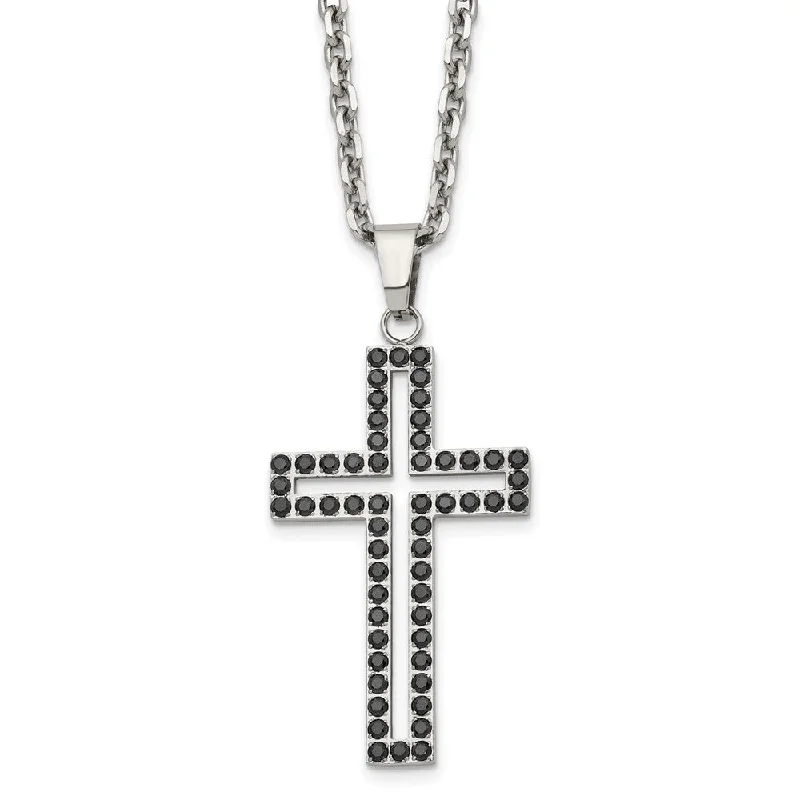 Boho Necklace for Casual Look-Men's Stainless Steel & Black CZ Voided Cross Necklace, 20 Inch