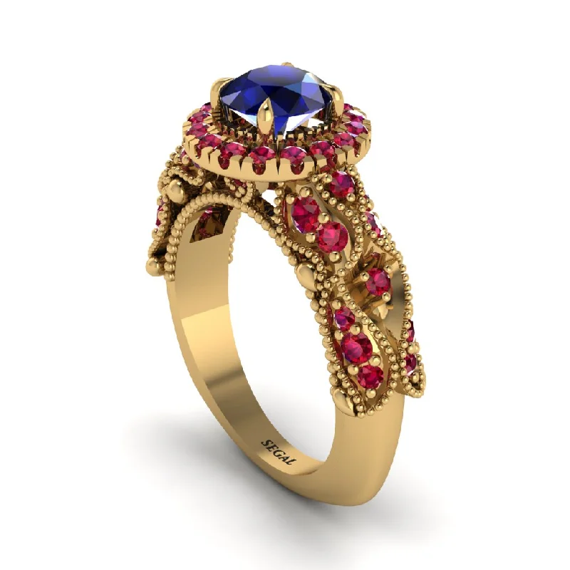 Large Ring with Gemstone for Fashion-Exclusive Halo Sapphire Milgrain Engagement Ring - Kendra No. 58